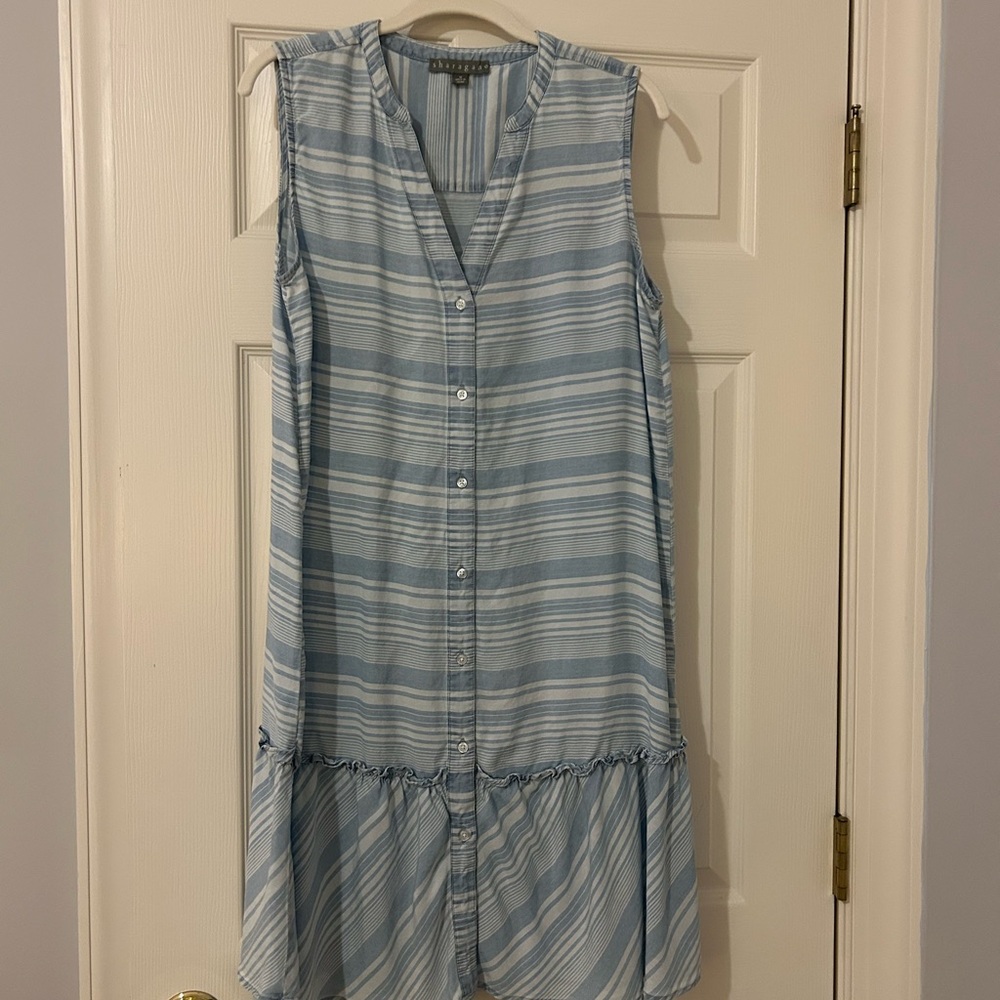 Sharagano Blue and White Ruffled Midi Sundress